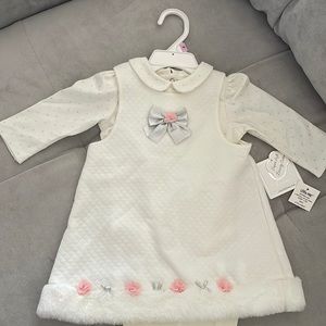 Little Me 3 Piece Set- Dress, Long Sleeve Onesie, Tights 9 mos Ivory Brand New